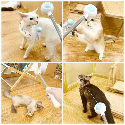 Vier foto's van katten die met de uittrekbare kattenteaser spelen