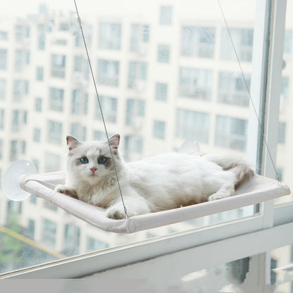 Witte raamhangmat met zuignappen aan het raam met een ragdollkat erin