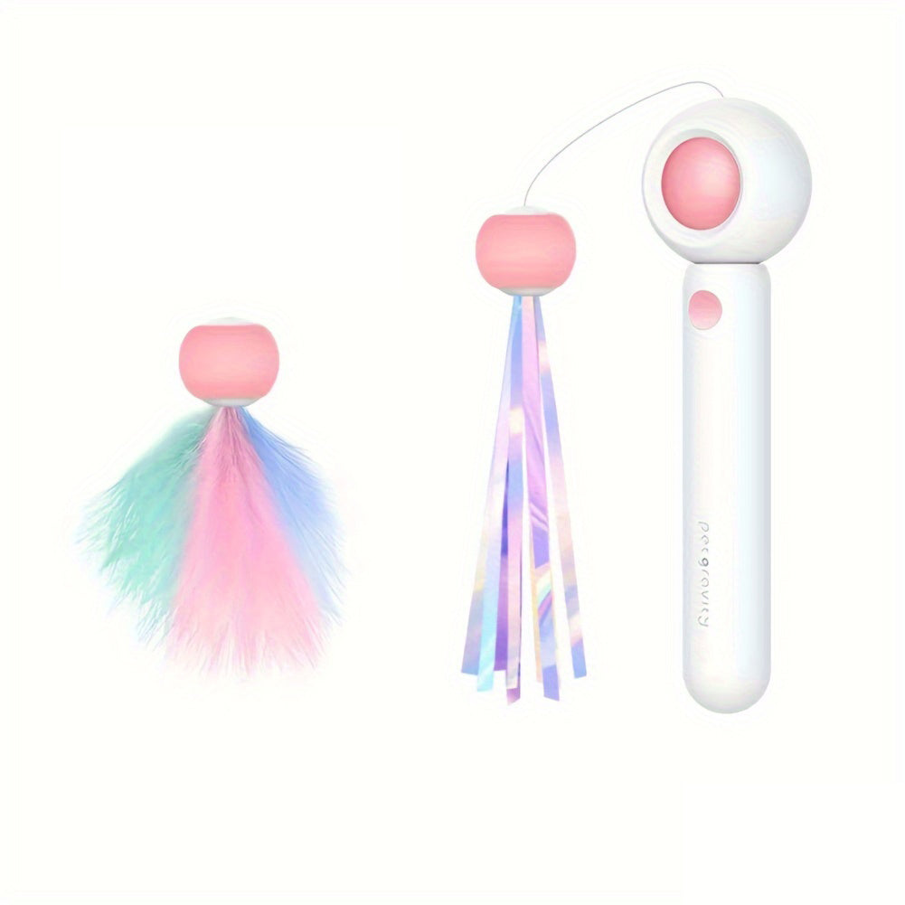 Roze kattenteaser met verwisselbare verenkop en glitterkop