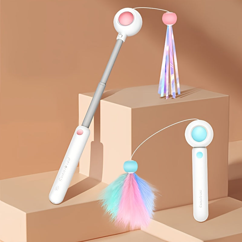 Uittrekbare kattenteaser in roze en blauw met verenkop en glitterkop