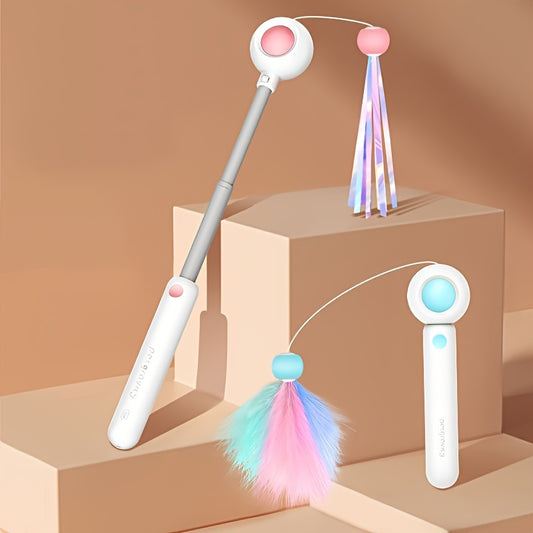 Uittrekbare kattenteaser in roze en blauw met verenkop en glitterkop