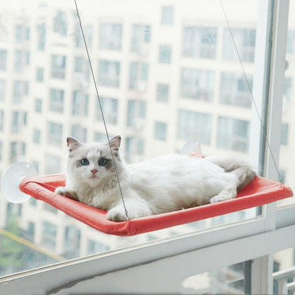 Rode raamhangmat met zuignappen aan het raam met een kat die naar buiten kijkt